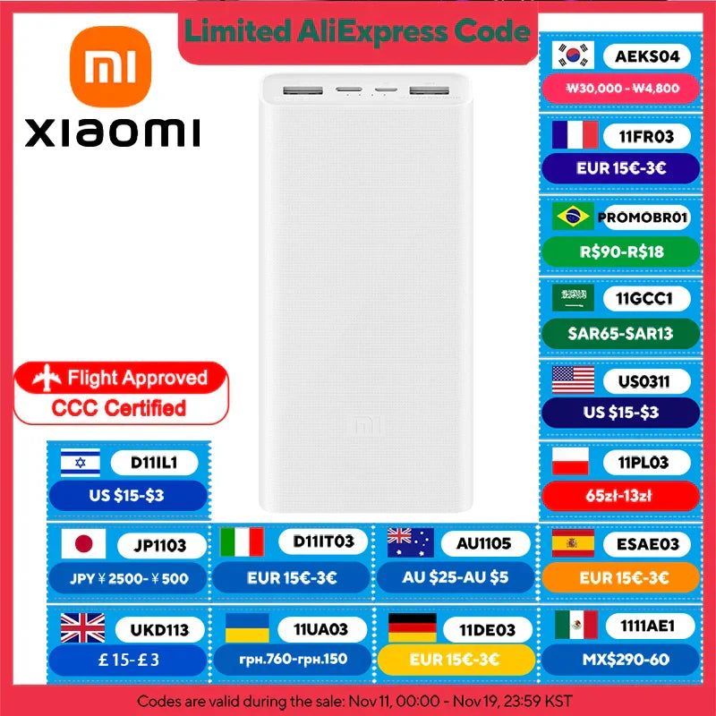 White XIAOMI Power Bank 3 20000mAh with USB-C and triple output ports for fast charging