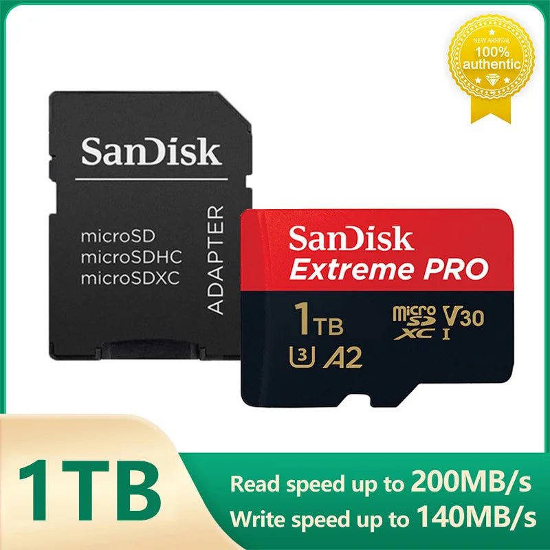 SanDisk V30 Micro SD Extreme PRO 1TB memory card with adapter, 200MB/s read speed, A2 performance, UHS-I U3, V30 video class, durable for 4K UHD video and fast transfers.