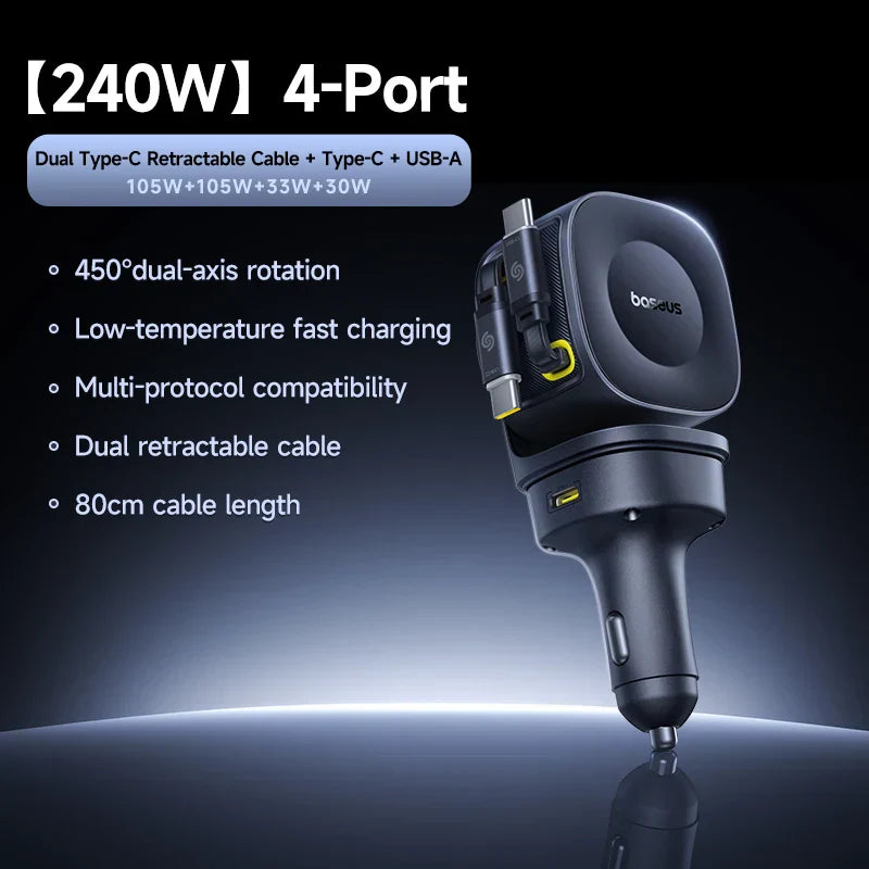 Baseus Car Charger 240W 4-port with dual retractable Type-C cables and USB-A fast charging for cars