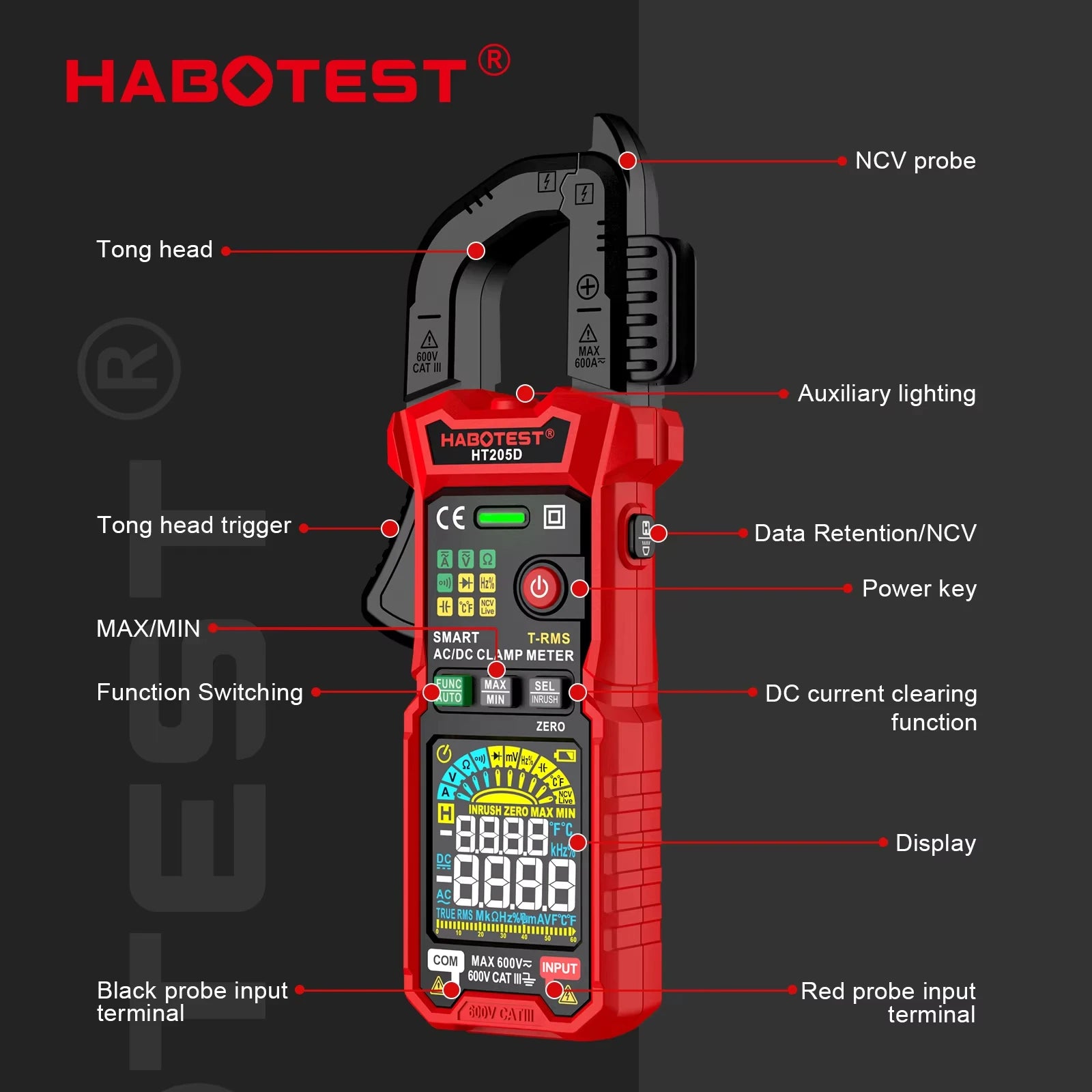 HABOTEST HT205A/D Clamp Meter Auto Range True RMS NCV DC AC Voltage Inrush Current Temperature Tester Automatic Voltmeter