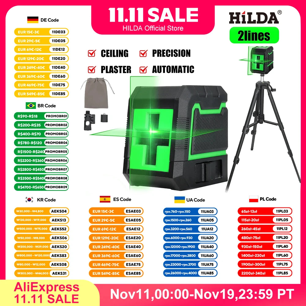 HILDA Laser Level 2 Lines Self-Leveling Horizontal And Vertical Cross Super Powerful Green Laser Beam Line