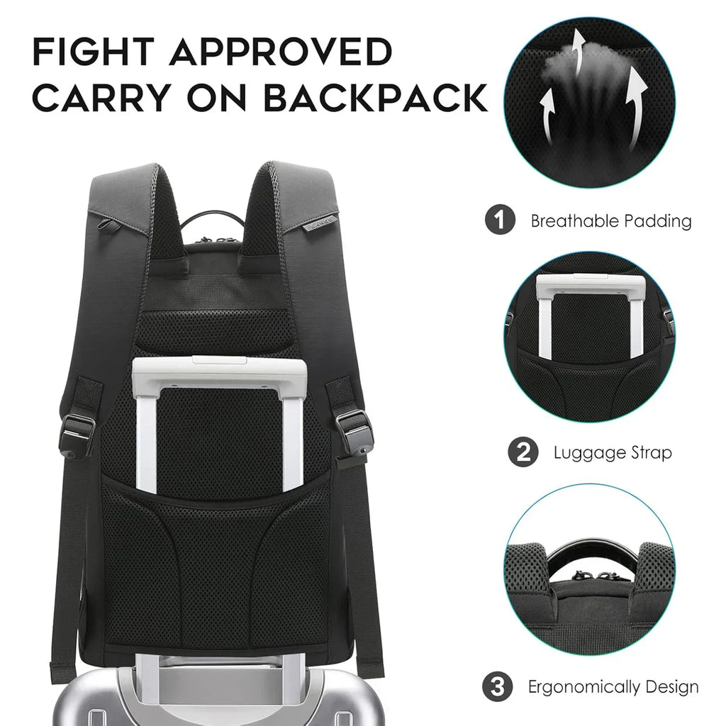 BANGE Mens Laptop Backpack featuring breathable padding, luggage strap, and ergonomic design, ideal for travel.
