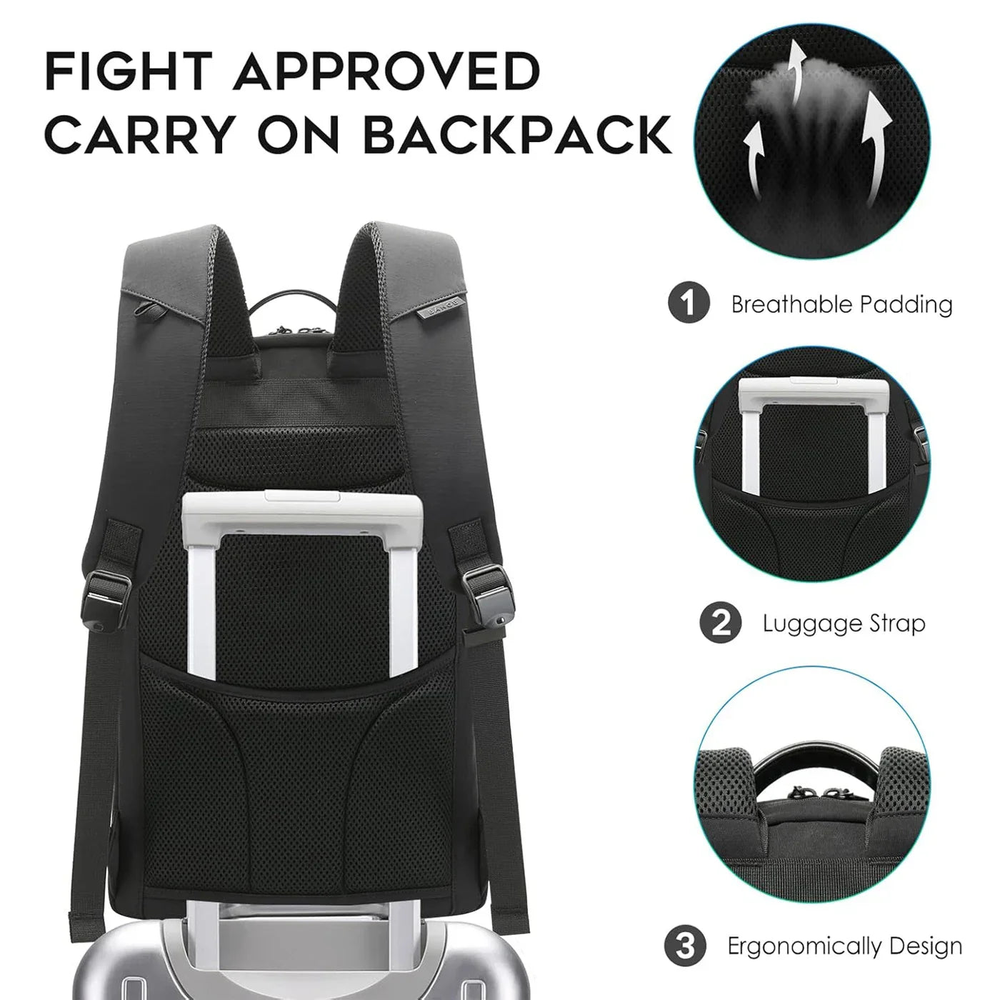 BANGE Mens Laptop Backpack featuring breathable padding, luggage strap, and ergonomic design, ideal for travel.