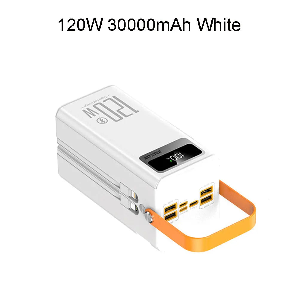 White 30000mAh 120W portable power bank with digital display and orange handle for fast charging and emergency use