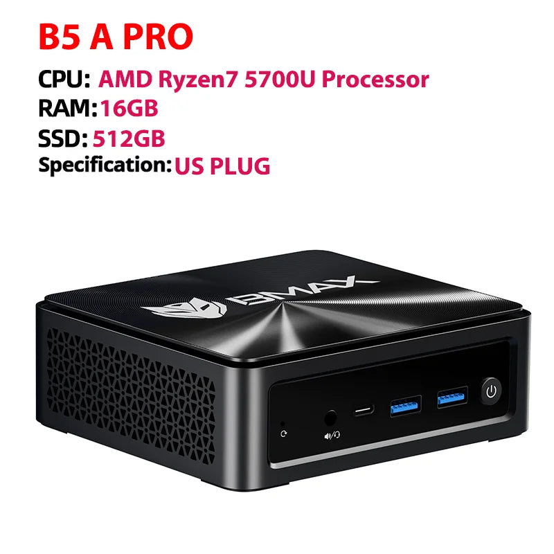 BMAX B5A Pro MINI PC AMD Ryzen7 5700U Processor AMD Radeon Graphics 16GB(Support Max 64GB) DDR4 512GB NVMe SSD Windows 11