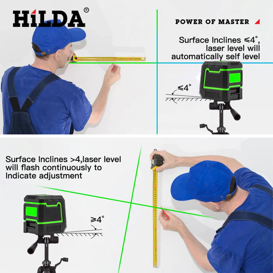 HILDA Laser Level 2 Lines Self-Leveling Horizontal And Vertical Cross Super Powerful Green Laser Beam Line