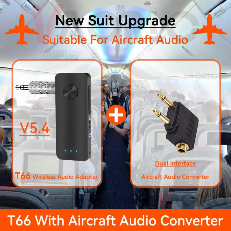 Bluetooth 5.4 Audio Receiver and Transmitter with 3.5mm AUX and Aircraft Audio Converter for wireless stereo audio on plane, car, TV, and PC