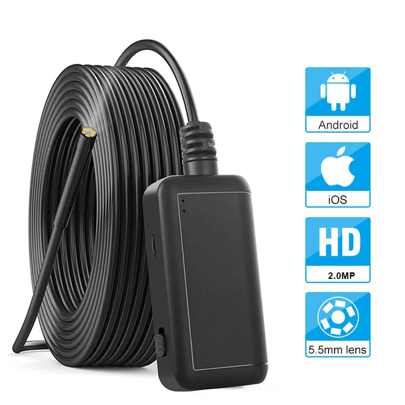 Wireless endoscope with 5.5mm lens, 2.0MP HD camera, IP67 waterproof, semi-rigid flexible cable, compatible with Android and iOS devices.