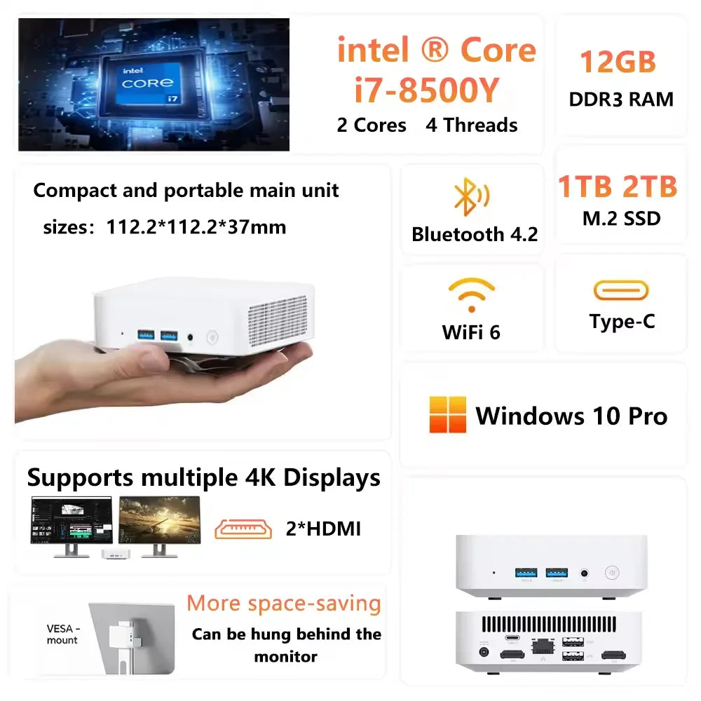 2025 MINI PC Windows 10 Intel Core i7-8500Y Mini Computer 12GB LPDDR3 1TB M.2 SSD Mini PC WIFI 6 BT4.2 4K HD Mini Gaming Pc