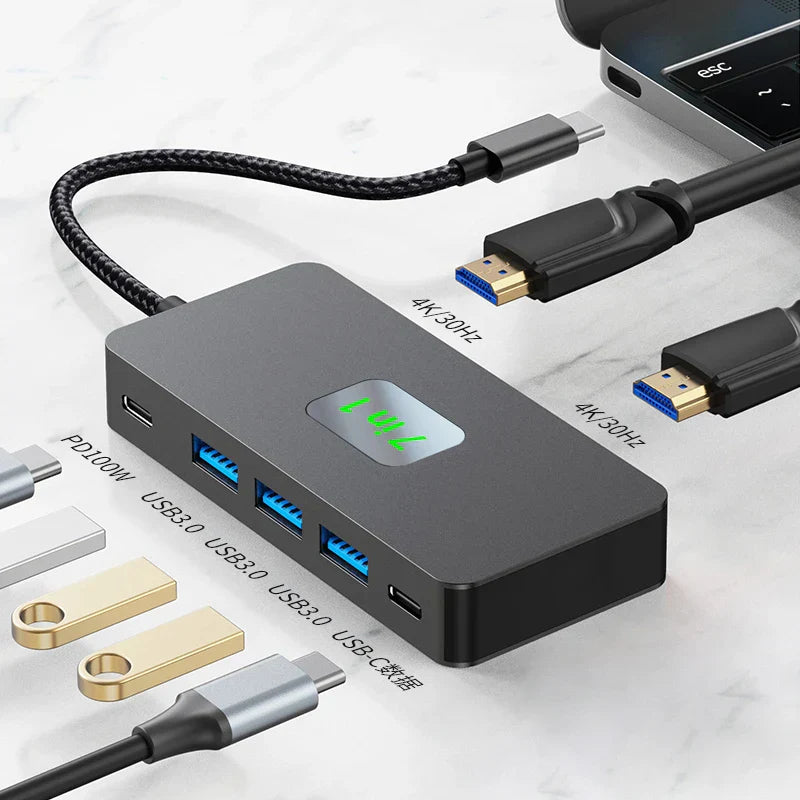 USB C 3.0 HUB with multiple ports including HDMI 4K 30Hz, USB 3.0, and PD 100W power delivery docking station splitter