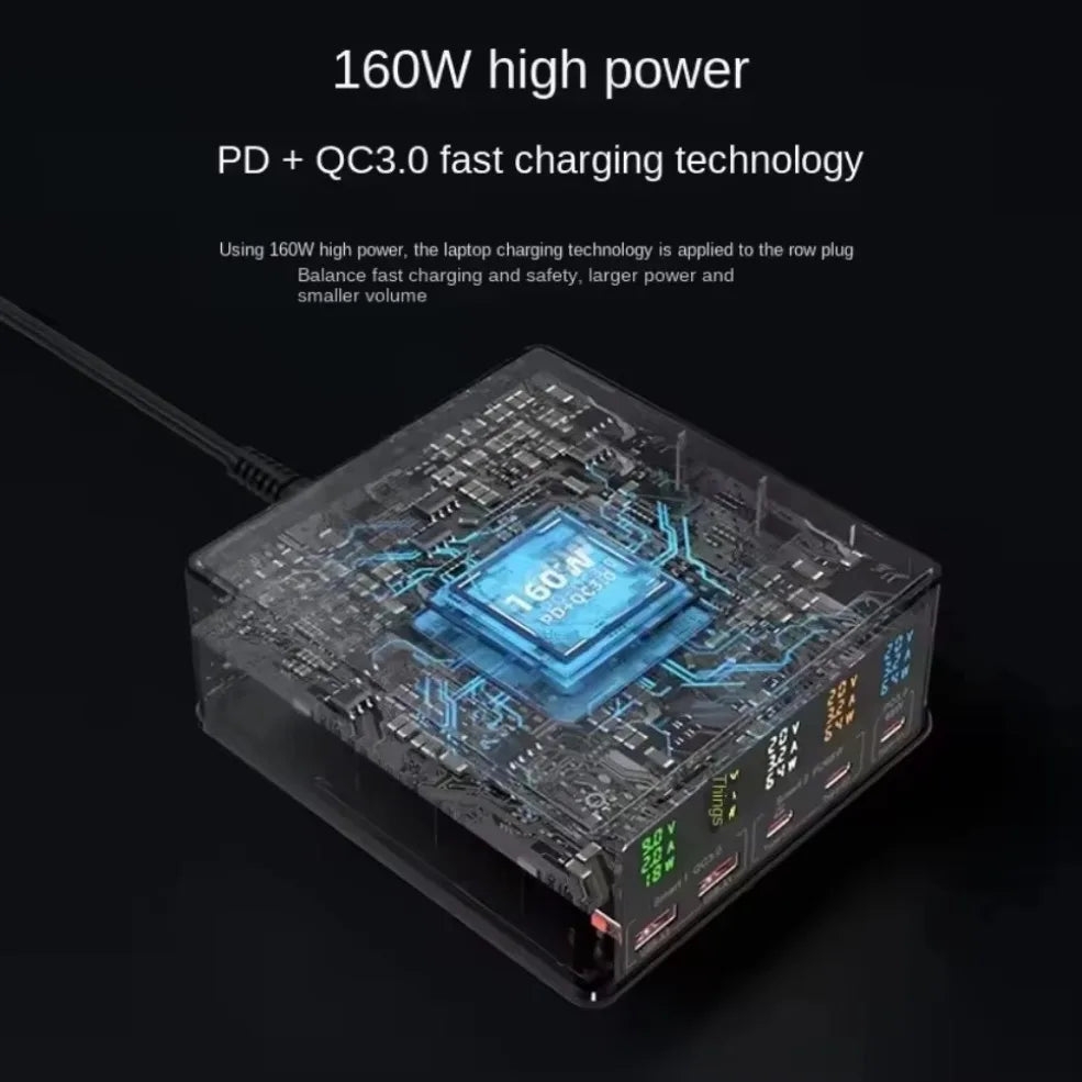 160W Multi Ports GaN USB PD QC3.0 Charger Station with digital display and wireless charging for iPhone and Xiaomi