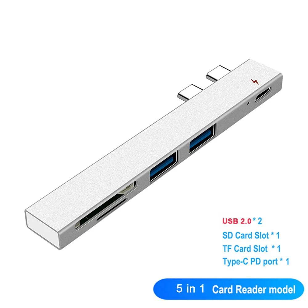White 5-in-1 USB C Hub Adapter for MacBook Pro with SD/TF card slots, USB 2.0 ports, and Type-C PD port. Compact card reader model.