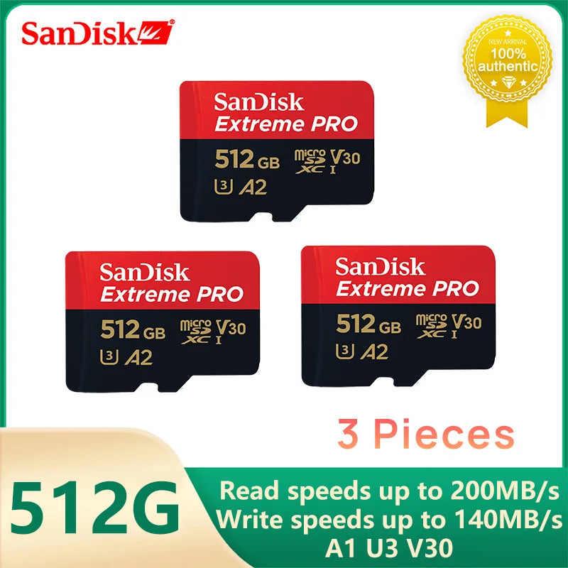 SanDisk V30 Micro SD 512GB Extreme PRO memory card with A2 performance, UHS-I U3, V30 video speed, 200MB/s read speed, and 140MB/s write speed, ideal for 4K video and high-speed data transfer.