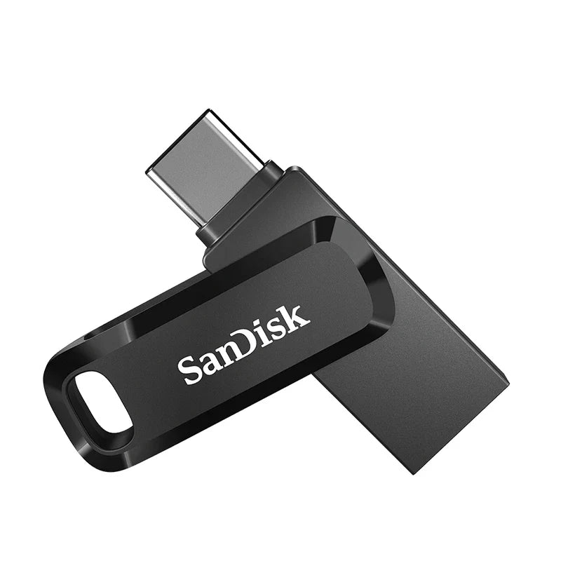 SanDisk Ultra Dual OTG Pen Drive USB 3.2 Type-C and Type-A flash drive in black with swivel design and keyring hole, 64GB to 512GB storage.
