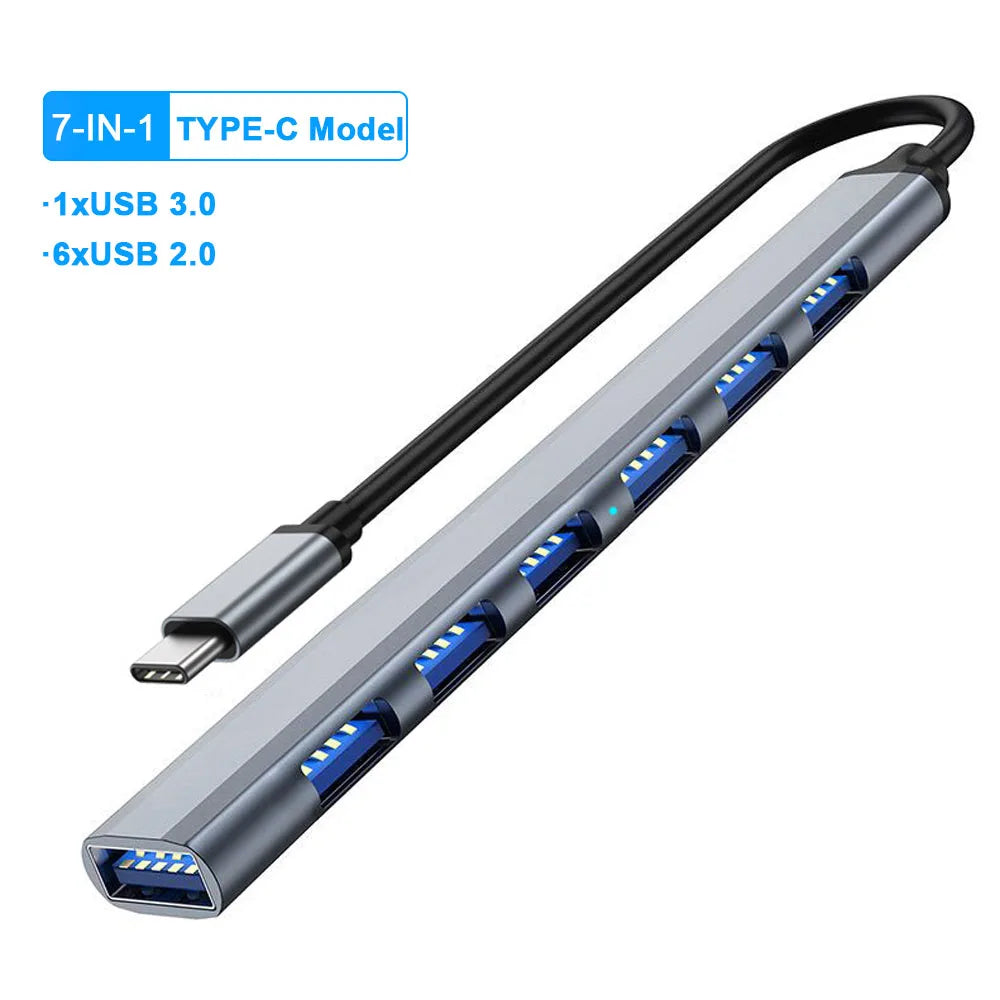 USB C Docking Station 7-in-1 Type-C Hub with 1 USB 3.0 and 6 USB 2.0 ports, aluminum body, compact design