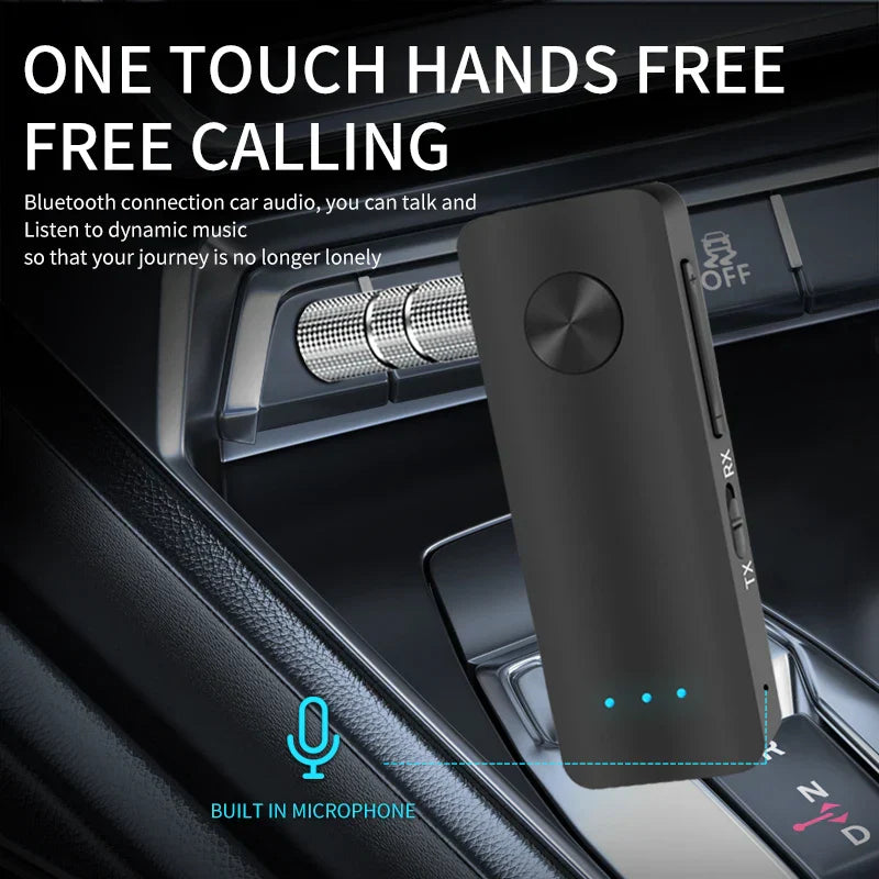 Black 2-in-1 Bluetooth 5.4 audio receiver transmitter with built-in microphone for hands-free calling and wireless 3.5mm AUX car, TV, and PC adapter