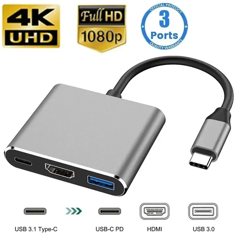 4-in-1 Type C Adapter Hub To HDTV VGA USB 3.0 Digital AV Multiport Adapter With TYPE-C PD Charging Port Compatible