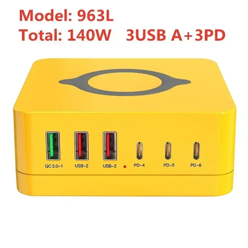 160W Multi Ports USB GaN charger station with 3 USB A and 3 PD ports in yellow for fast charging