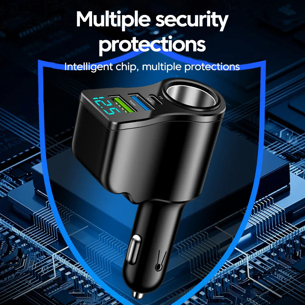 Dual USB Type-C Car Charger - 66W Fast Charging features intelligent chip with multiple protections for safe and reliable charging.