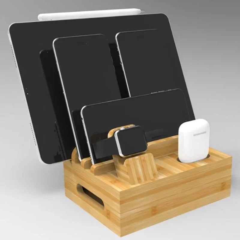 Fully loaded bamboo charging station with tablets, phone, smartwatch, and earbuds. Multiple slots for efficient device organization.