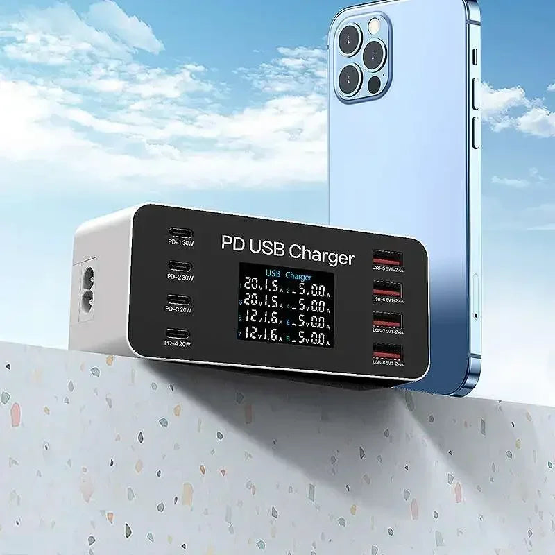 A9 65W 8-Port USB PD Charger 4USB-A+4USB-C PD Fast Charging Desktop Charging Station EU Plug US Plug with 1.2M Long AC Cable