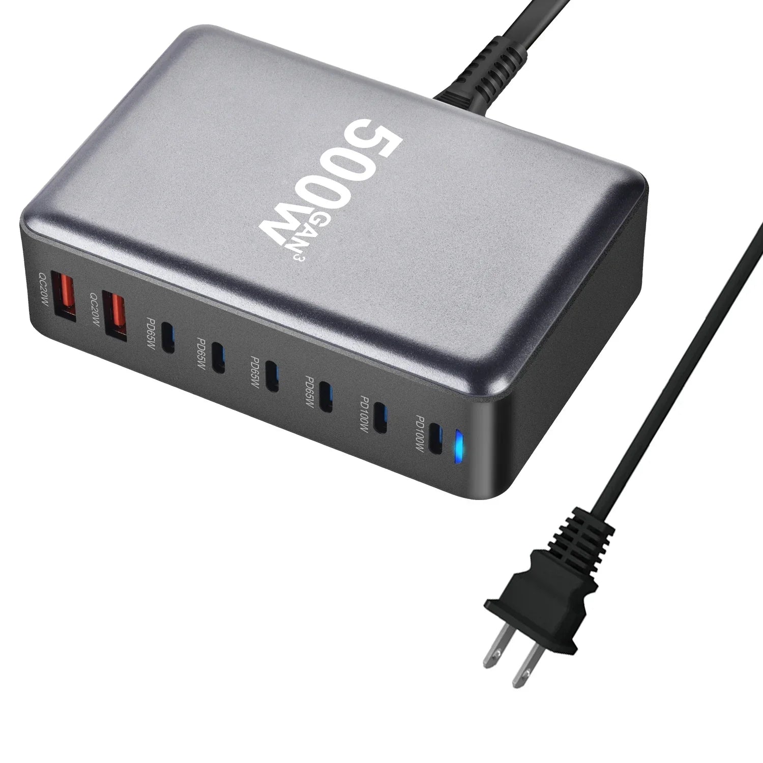 500W GaN multi charging PD charger with 8 ports including USB and Type-C for desktop use