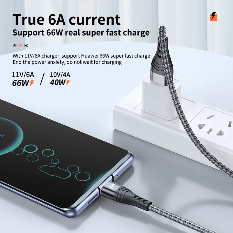 66W USB Type-C Data Cable 6A Super Fast Charging Cable Suitable for iphone 15 Huawei Oppo Xiaomi Vivo Braided Charging Cable