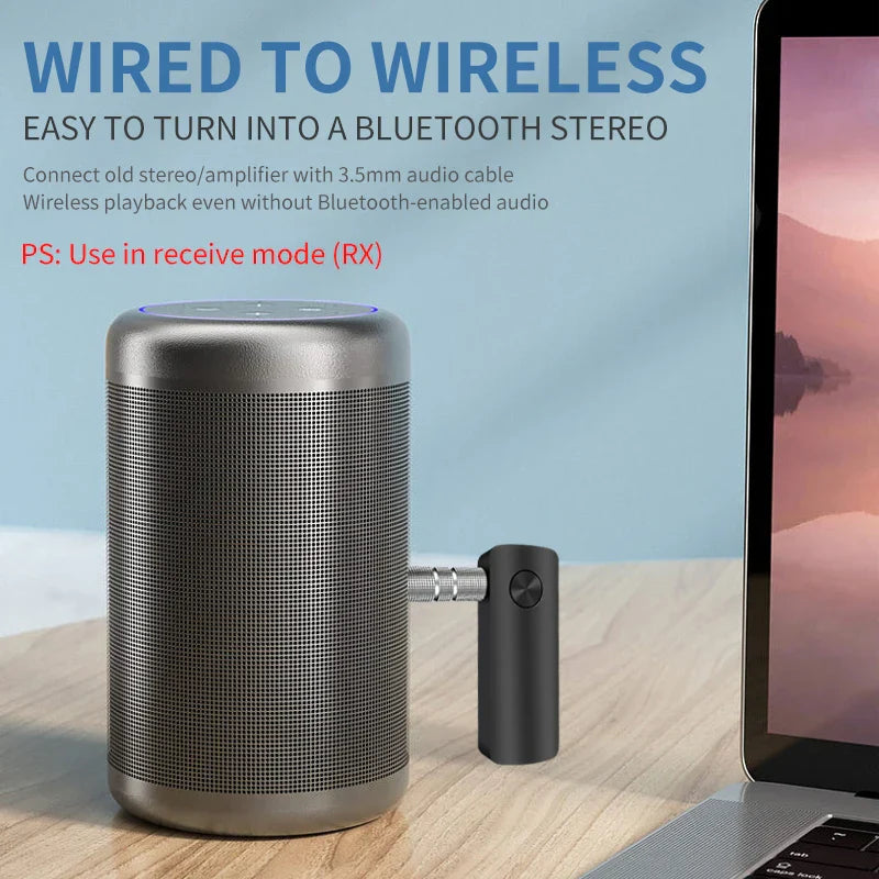 Bluetooth 5.4 Audio Receiver Transmitter 2 in 1 wireless adapter with 3.5mm AUX for car, TV, PC, and speakers