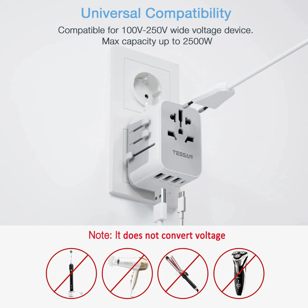 TESSAN Universal Travel Adapter with multiple USB and Type C ports, compatible worldwide, compact international plug charger for US, EU, UK, AUS, supports up to 2500W.