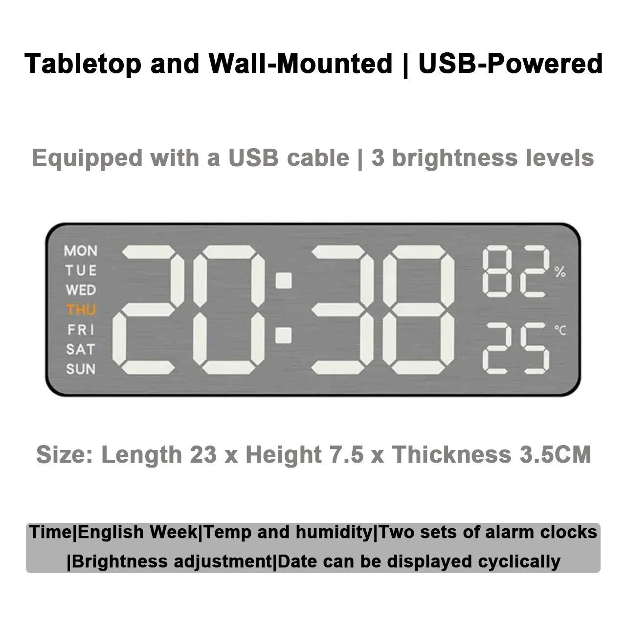 Rectangular digital wall clock with USB power, showing time, humidity, and temperature, ideal for home or office decor.