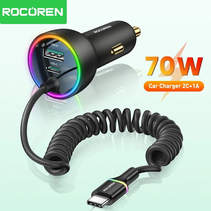 Rocoren 70W USB Type C Car Charger With Spring Cable Fast Charging Type-C USBC Car Quick Charger Adapter For iPhone 16 15 Xiaomi