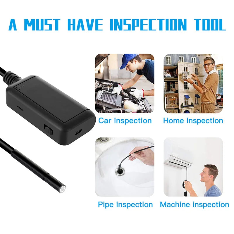 Wireless endoscope camera for automotive, home, pipe, and machine inspection with flexible semi-rigid cable and IP67 waterproof lens