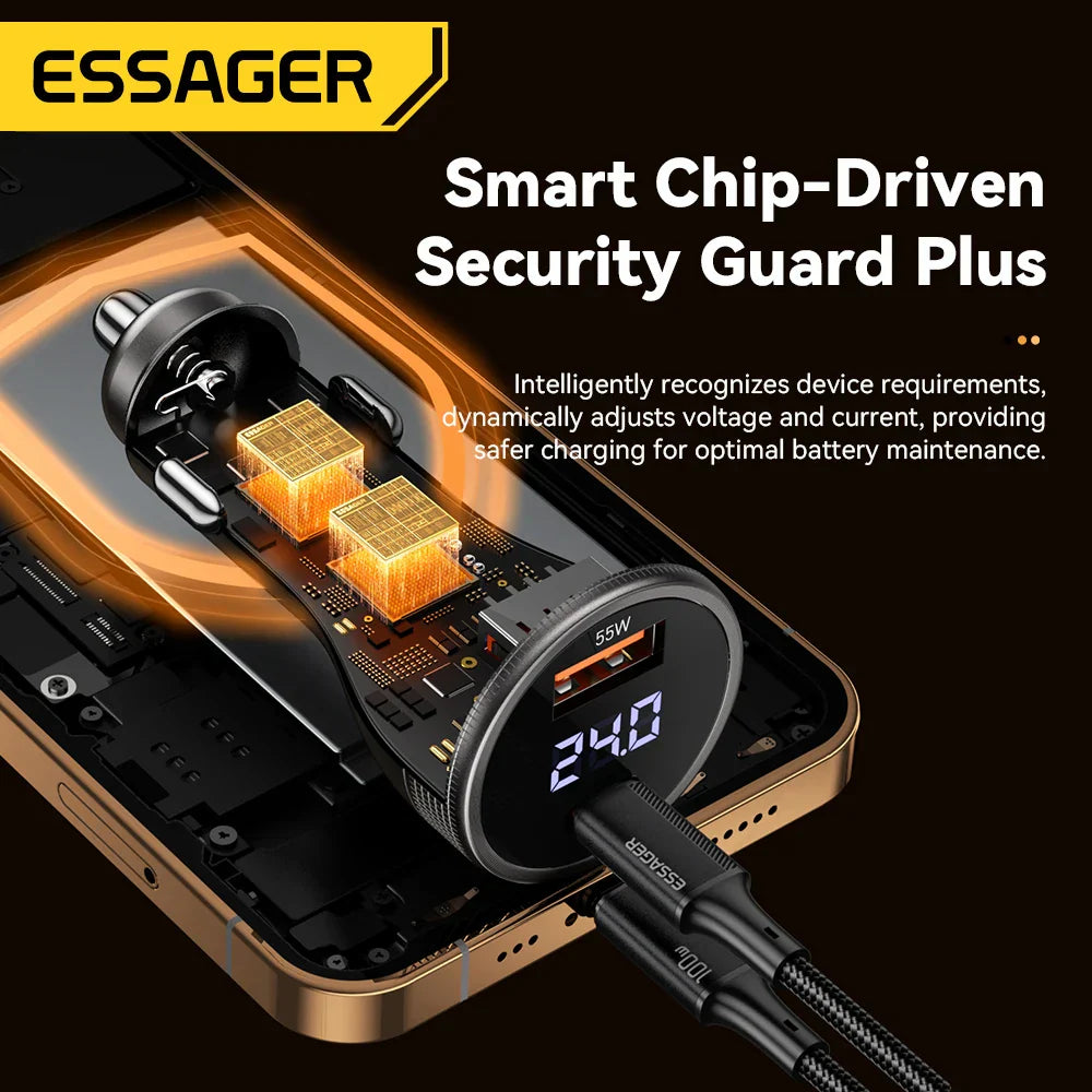 Essager 100W USB C car charger fast charging adapter with digital display and smart chip technology