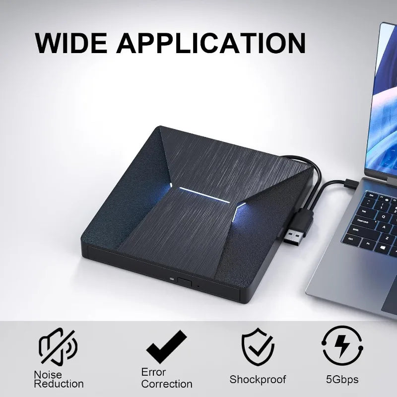 External Bluray CD DVD Drives USB3.0 and Type-C CD DVD Reader and Writter 3D Slim Optical CD Drive Compatible with Windows MacOS