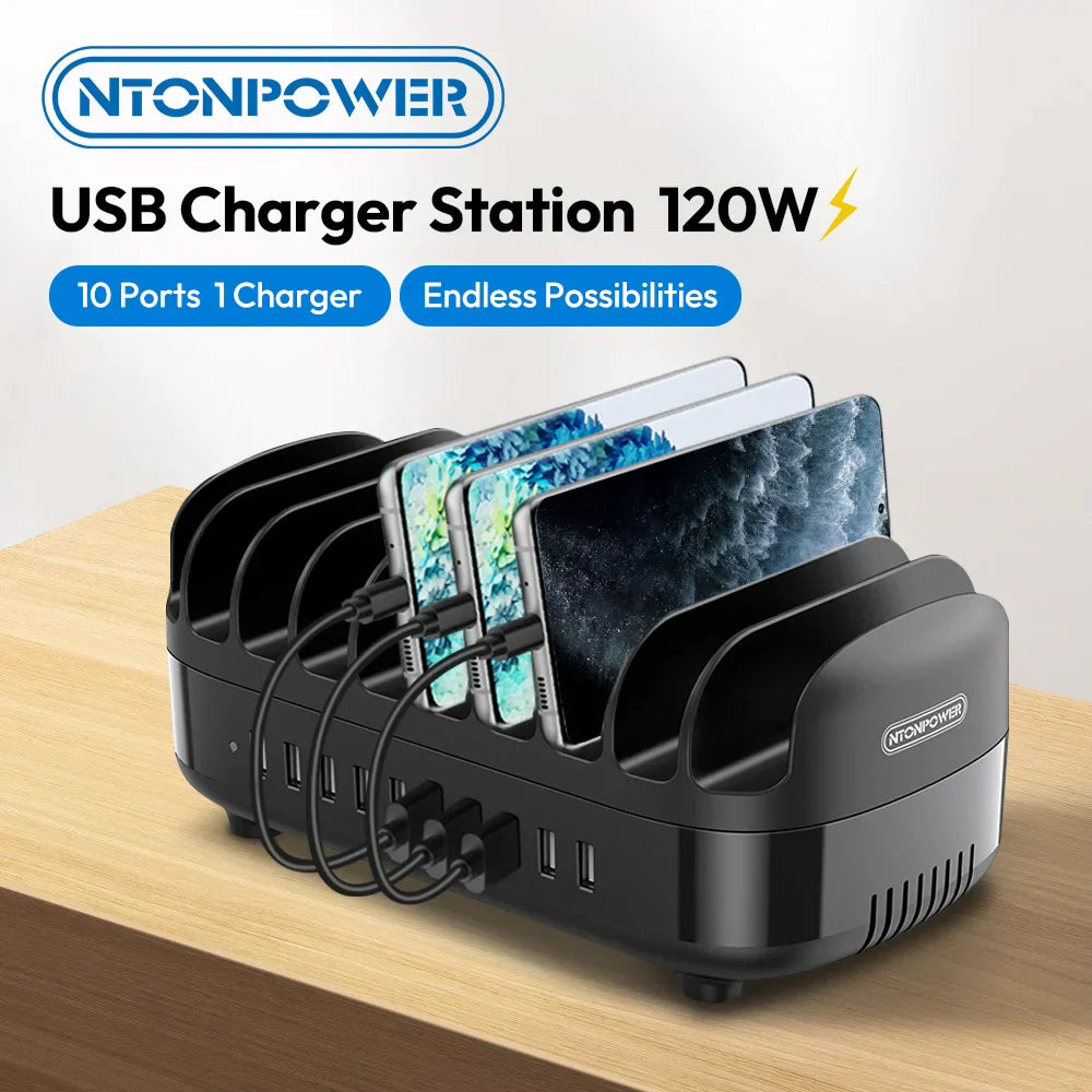 120W fast charging station USB-C hub with 10 ports and cooling fan for office and family device charging