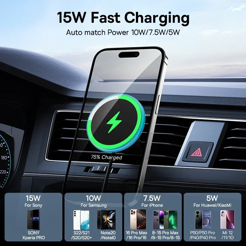 Baseus Magnetic Wireless Charger 15W fast charging car phone holder compatible with iPhone and Samsung