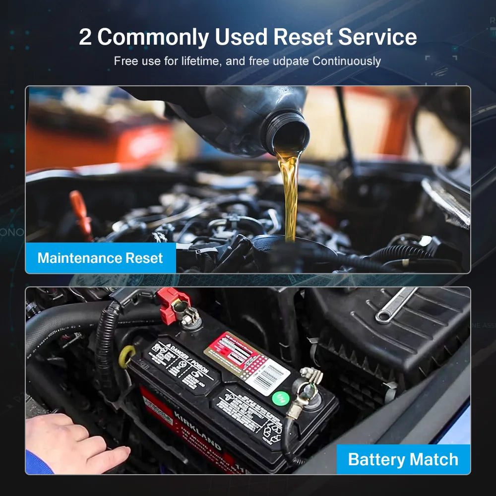 KONNWEI KDIAG Bluetooth car diagnostic tool showing engine oil maintenance reset and car battery match functions