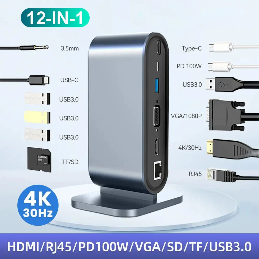12-in-1 USB C Docking Station with 4K HDMI, RJ45, PD 100W, VGA, SD/TF card reader, and USB 3.0 ports for MacBook and Type C devices