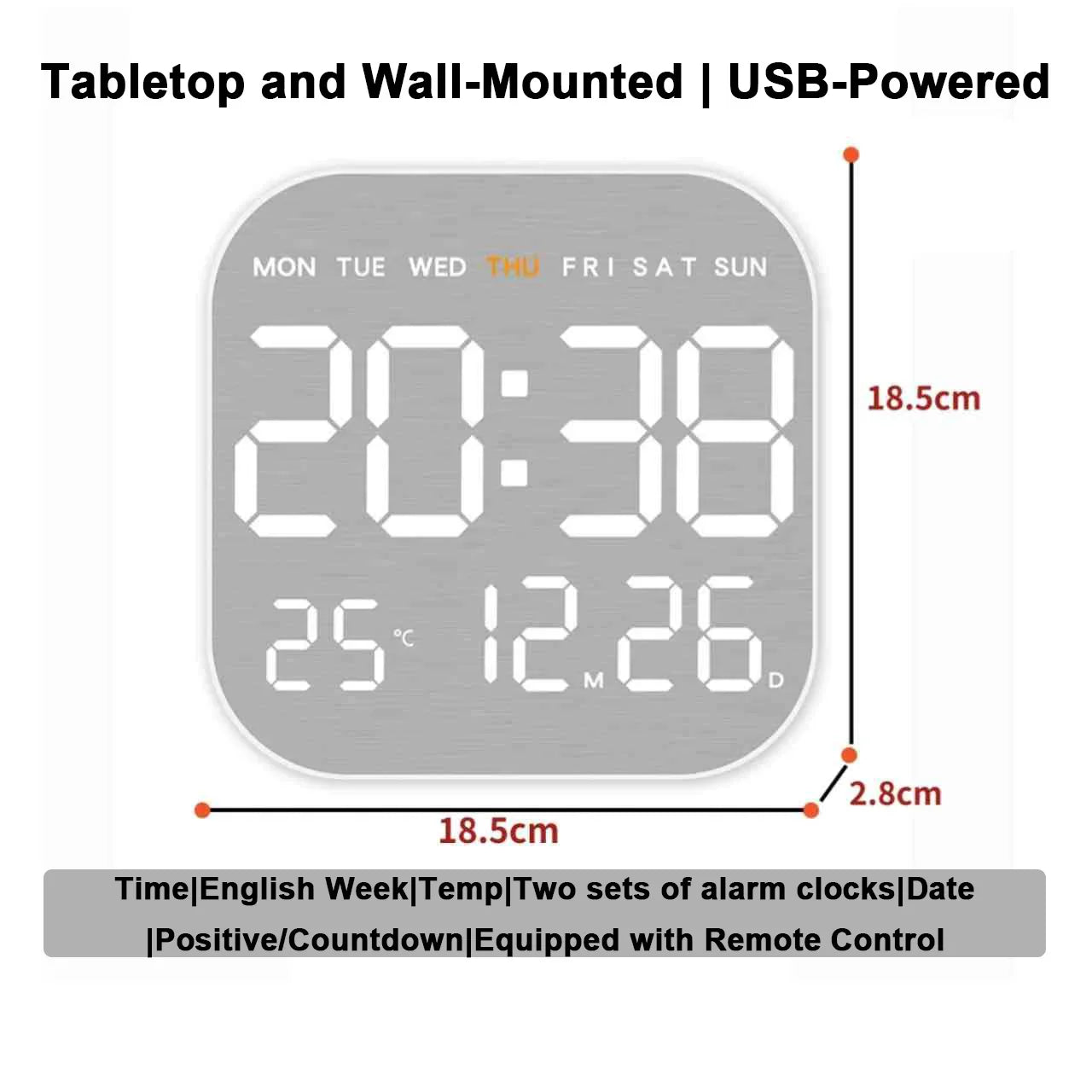 Modern square digital wall clock with remote control, USB-powered, displaying time, date, and temperature for stylish spaces.