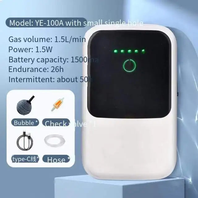 Rechargeable aquarium air pump with touch screen, 1.5W power, 1500mAh battery, and compact design for outdoor fishing and aquarium use