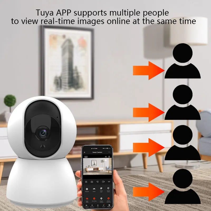 Tuya Smart WiFi Camera allows multiple users to view real-time footage simultaneously through the Tuya app for enhanced indoor security.
