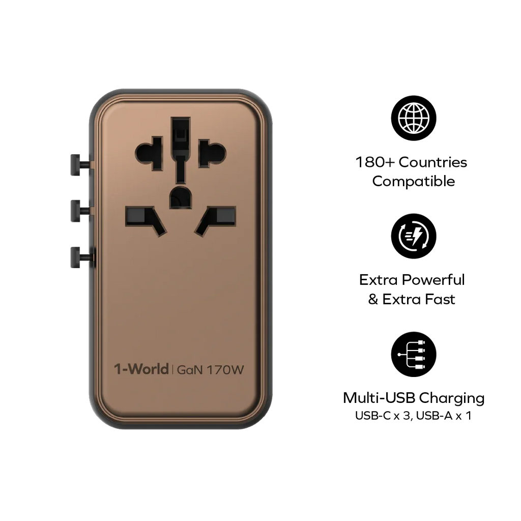 MOMAX Universal Power Adapter 170W GaN fast charging travel plug with US UK EU AU sockets for laptops and tablets