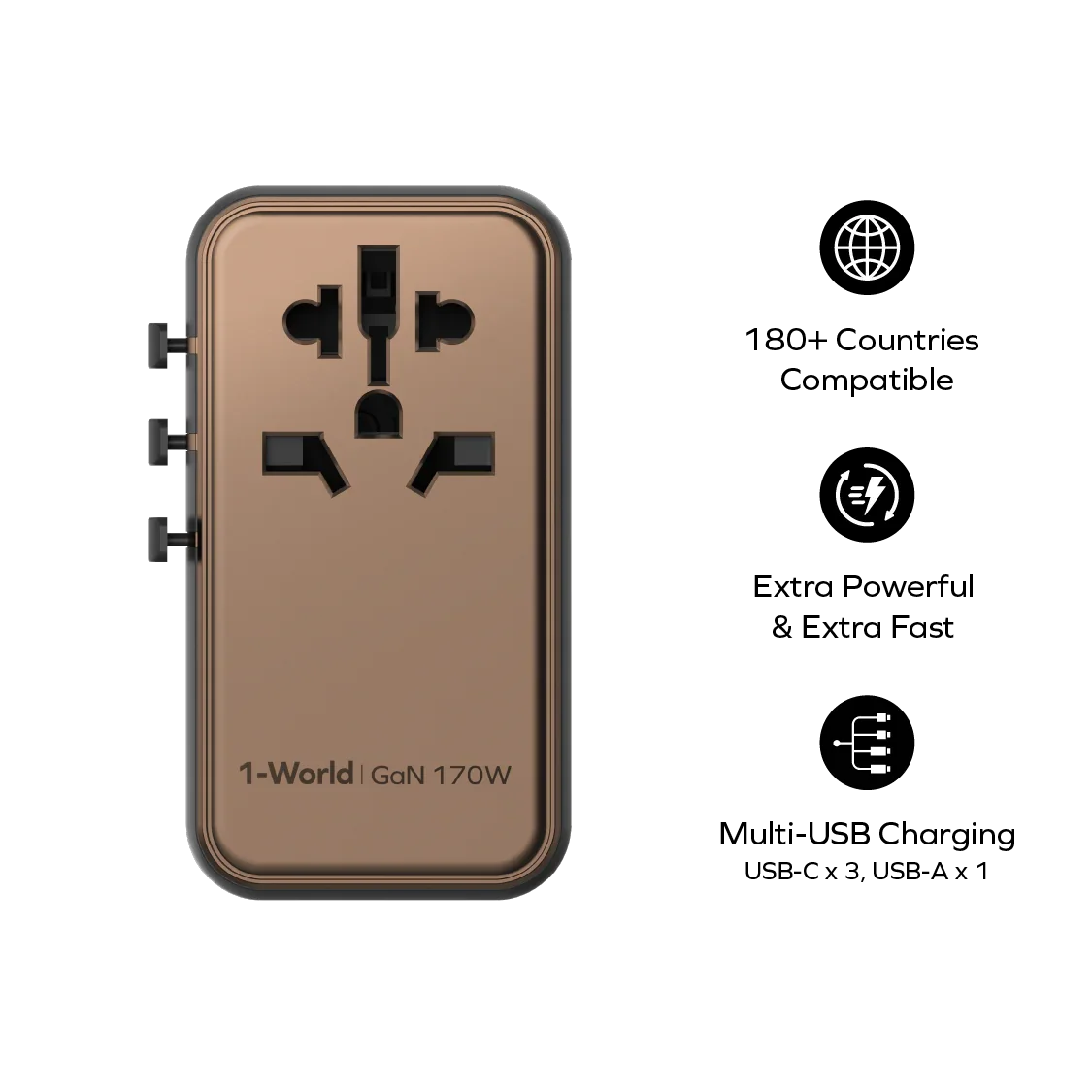 MOMAX Universal Power Adapter 170W GaN fast charging travel plug with US UK EU AU sockets for laptops and tablets