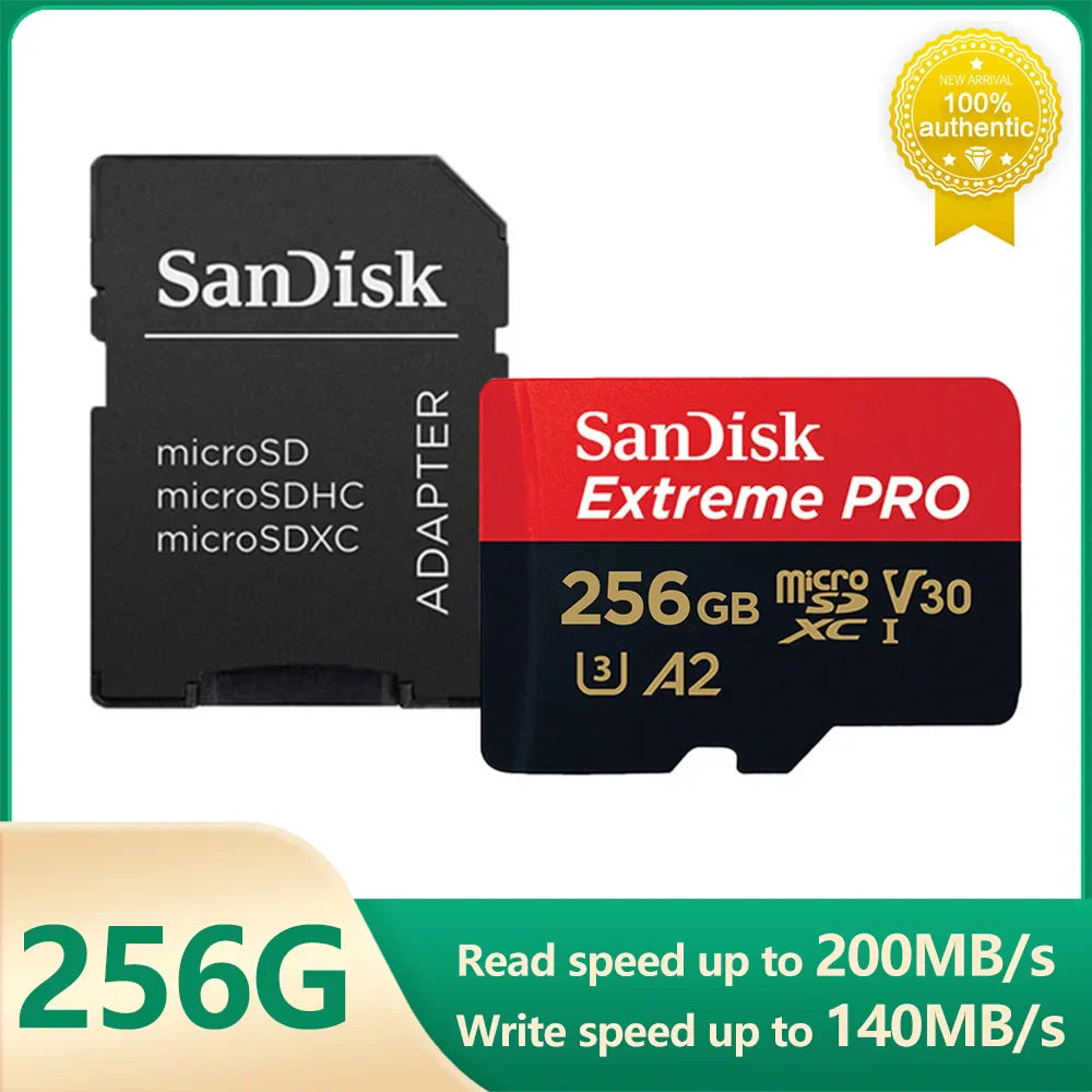 SanDisk V30 Micro SD Extreme PRO 256GB memory card with adapter, UHS-I U3, A2, 200MB/s read speed for 4K camera and devices
