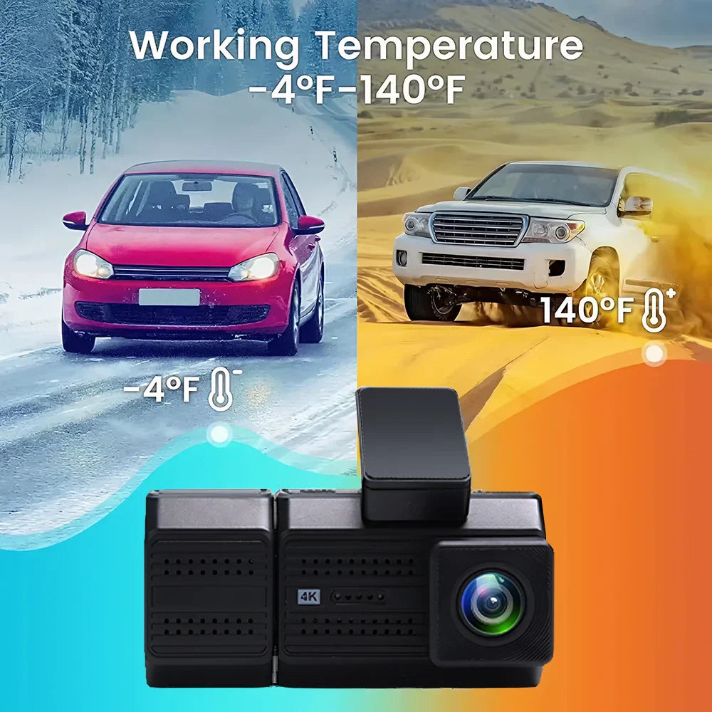 3 Channel Dash Cam 4K front interior rear cameras with wide temperature range and 24H parking monitor