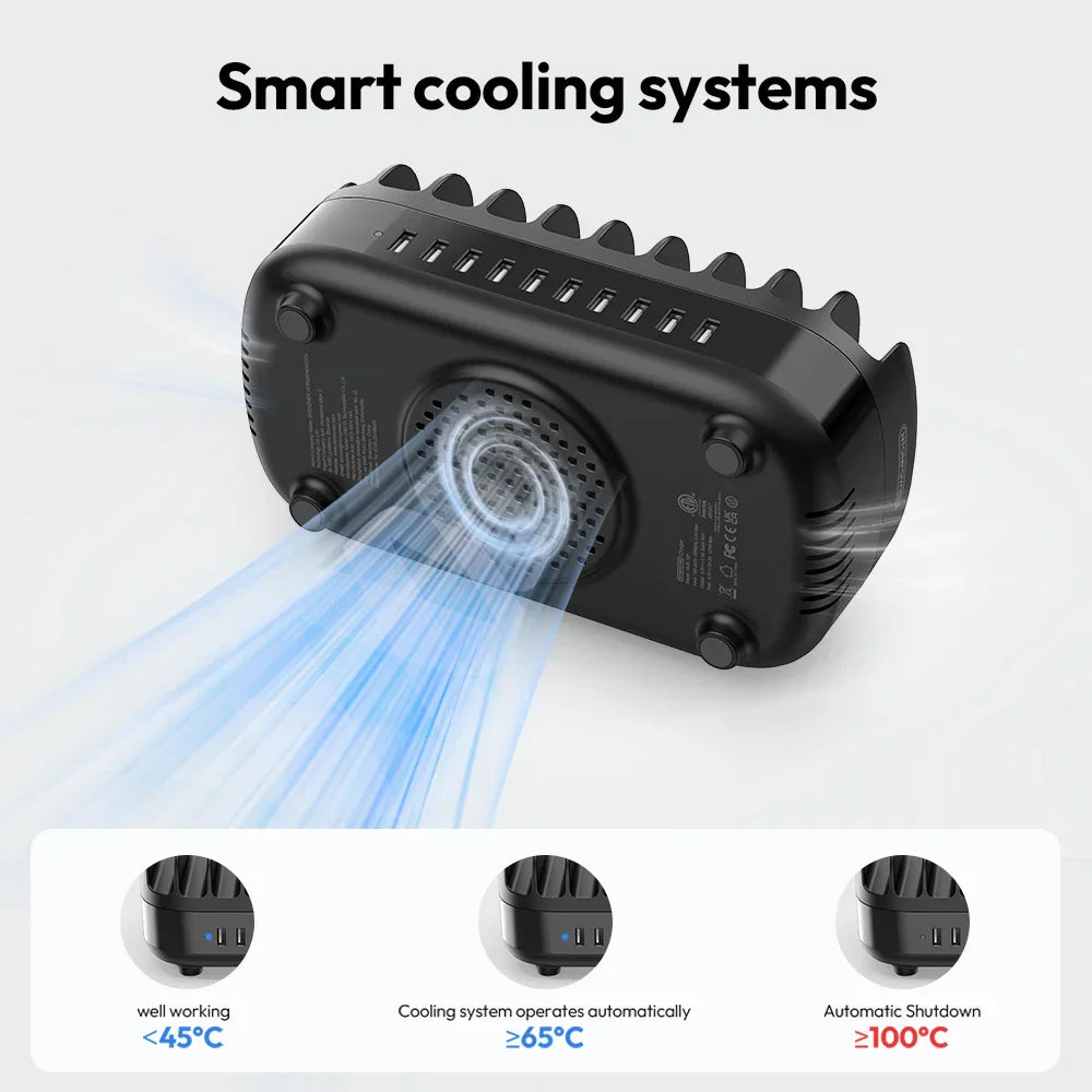 120W fast charging station with 10 USB ports and smart cooling system