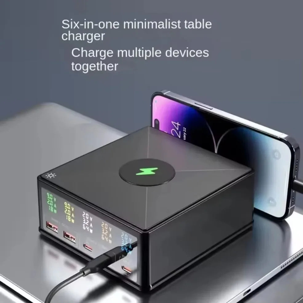 160W multi ports PD USB GaN charger station with wireless charging and digital display for phones and tablets