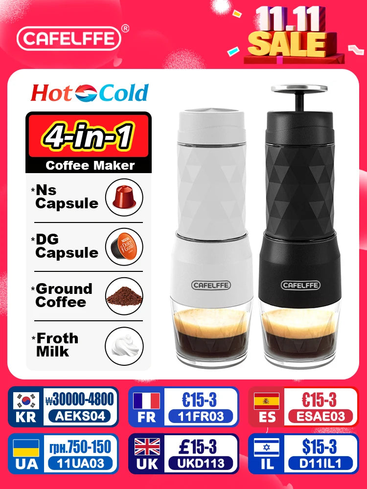 Cafelffe 3 In1 Portable Coffee Machine Hot/Cold Water Manual Espresso Maker For Capsule & Ground Hand Press Brewer hiking Travel