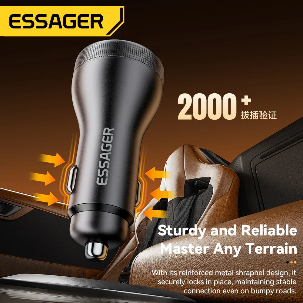 Essager 100W USB C car charger with reinforced metal design for stable connection in vehicles