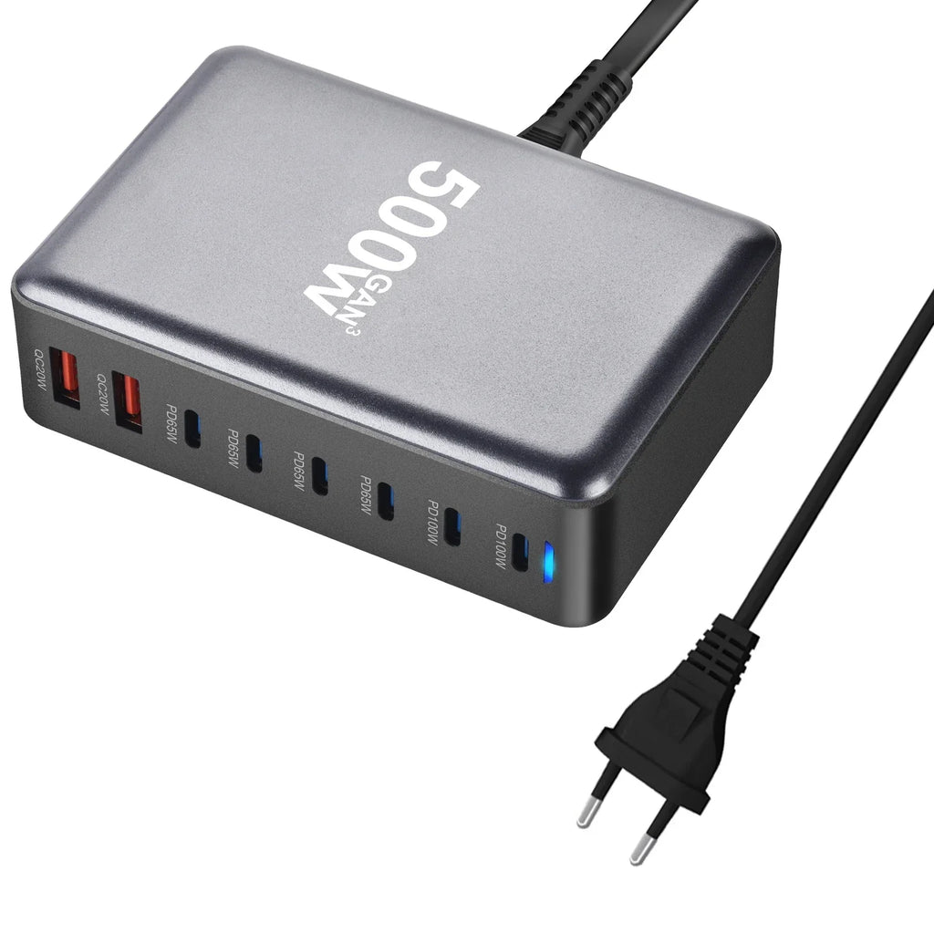 500W Multi Charging PD Charger with 8 USB and Type-C ports and GaN technology